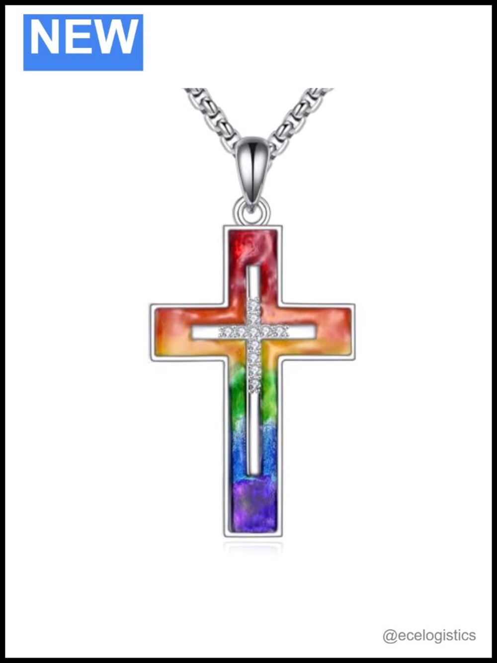 925 Sterling Silver Rainbow Cross Pendant Necklace LGBTQ Pride Jewelry